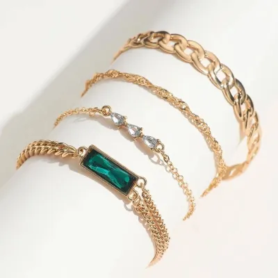 Green Stone Multilayer Vintage Bracelet Set 